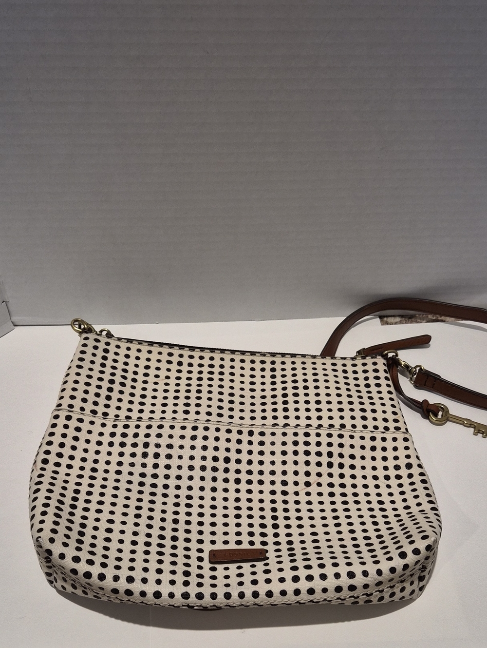 Women's Fossil Black & Off White Polk A Dot Crossbady Purse + Fossil Key
